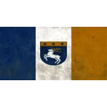 Flag with blue, white, and gold vertical stripes featuring a central crest with a white horse.