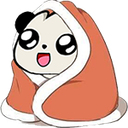 Panda with a happy expression wrapped in an orange blanket.