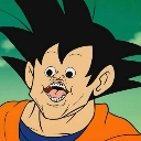 Goku with a comically shrunken and distorted face looking bewildered.