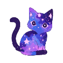 A small pixel-art cat with a purple and blue galaxy-patterned coat covered in white stars.