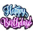 Happy Birthday text written in a glowing neon script font with blue and pink colors.