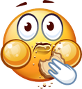 Yellow round character with wide eyes eating a cookie with a startled expression.