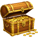 Wooden treasure chest overflowing with gold coins scattered around the base.