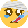 Yellow emoji face with a bandage on its head and a thermometer in its mouth looking sad.