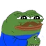 Pepe the Frog with a brown mustache looking smug and plotting with hands clasped.