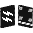 Collar tab insignia featuring the SS lightning bolt runes and three square pips on a black background.