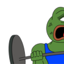 Pepe the Frog straining while lifting a heavy barbell in a gym.