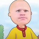 Caillou with a realistic human face looking directly forward with a blank expression.