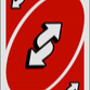 Uno reverse card with a red background and white arrows pointing in opposite directions.