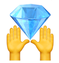 Two yellow hands holding up a large, sparkling blue diamond.