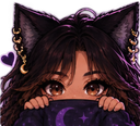 Cat girl with dark hair and cat ears peeking over a purple starry blanket with only her eyes visible.
