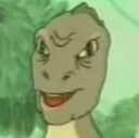 Dinosaur with a smug, lopsided grin and narrow eyes.