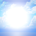 Bright white light radiating from a blue sky with fluffy white clouds.
