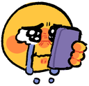 A yellow smiley face with a distorted, crying expression holding a purple smartphone.