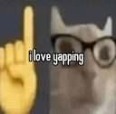 Cat wearing glasses pointing a finger upwards with the text I love yapping overlaid.