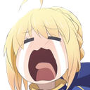 Saber from Fate series crying with an exaggerated wide-open mouth and closed eyes.