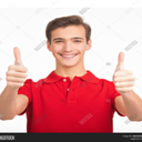 Young man smiling and giving a double thumbs-up gesture.