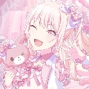 Mizuki Akiyama smiling brightly while holding a small pink plushie.
