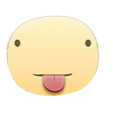 Yellow circular face with simple dots for eyes and a pink tongue sticking out.