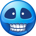 A stylized blue skull with wide, hollow eyes and a prominent, grinning set of white teeth.