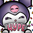 Kuromi holding a sign that says HYPE with confetti falling in the background.
