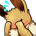A brown furry creature with long ears covering its face with its paws while blushing with a blue sweat drop symbol above i...