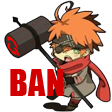 Chibi anime character holding a large black hammer with a red symbol on it.