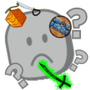 A gray, sad-looking face surrounded by a floating orange block, a sword, and a question mark.