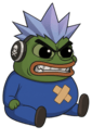 Pepe the frog with spiky purple hair and headphones looking angry while wearing a blue shirt with a bandage.