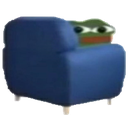 Peepo the frog sitting comfortably on a blue armchair while looking forward.