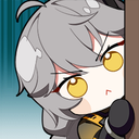 A chibi character with gray hair and yellow eyes peeking cautiously around a brown corner.