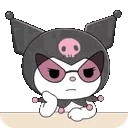 Kuromi rests her chin on her hand with an annoyed, impatient expression on her face.