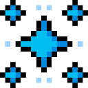 A central blue pixelated star surrounded by four smaller blue sparkles on a black background.