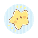 A yellow star with a cute face and rosy cheeks blushing on a light blue striped background.