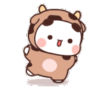 Two cute moojow characters dancing happily with wide smiles and pink cheeks.