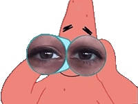 Patrick Star holds binoculars up to his face with realistic human eyes visible through the lenses.