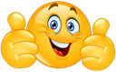 Yellow smiley face with blue eyes smiling broadly while holding up both thumbs in a gesture of approval.