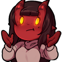 Meru the demon girl shrugging with a confused expression and glowing yellow eyes.