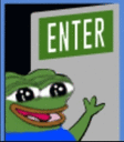 Pepe the Frog waving and standing in front of a green enter sign.