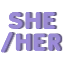 The text SHE/HER written in a blocky, purple pixel-art font against a black background.