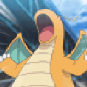 Dragonite with its mouth wide open in a loud, aggressive roar.