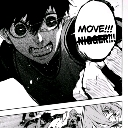 A close-up of an anime character with wide, intense eyes shouting the word MOVE.