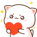 White cat with big sparkling eyes holding a red heart.