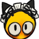 A yellow smiley face wearing a white frilly maid headband with black cat ears and a wide-eyed expression.