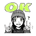 Anime girl wearing a beanie makes peace signs with both hands under a bright green OK sign.
