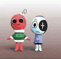 Two 3D characters with sad expressions standing side by side.