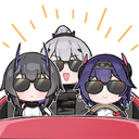 Three chibi characters wearing sunglasses riding in a red car with motion lines.