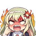 Anime girl with blonde hair screaming in a fiery rage with a red face.
