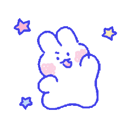 A cute white pixel bunny with pink cheeks dancing rhythmically surrounded by small twinkling stars.