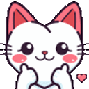 White cat with pink ears giving a double thumbs up with a small heart nearby.